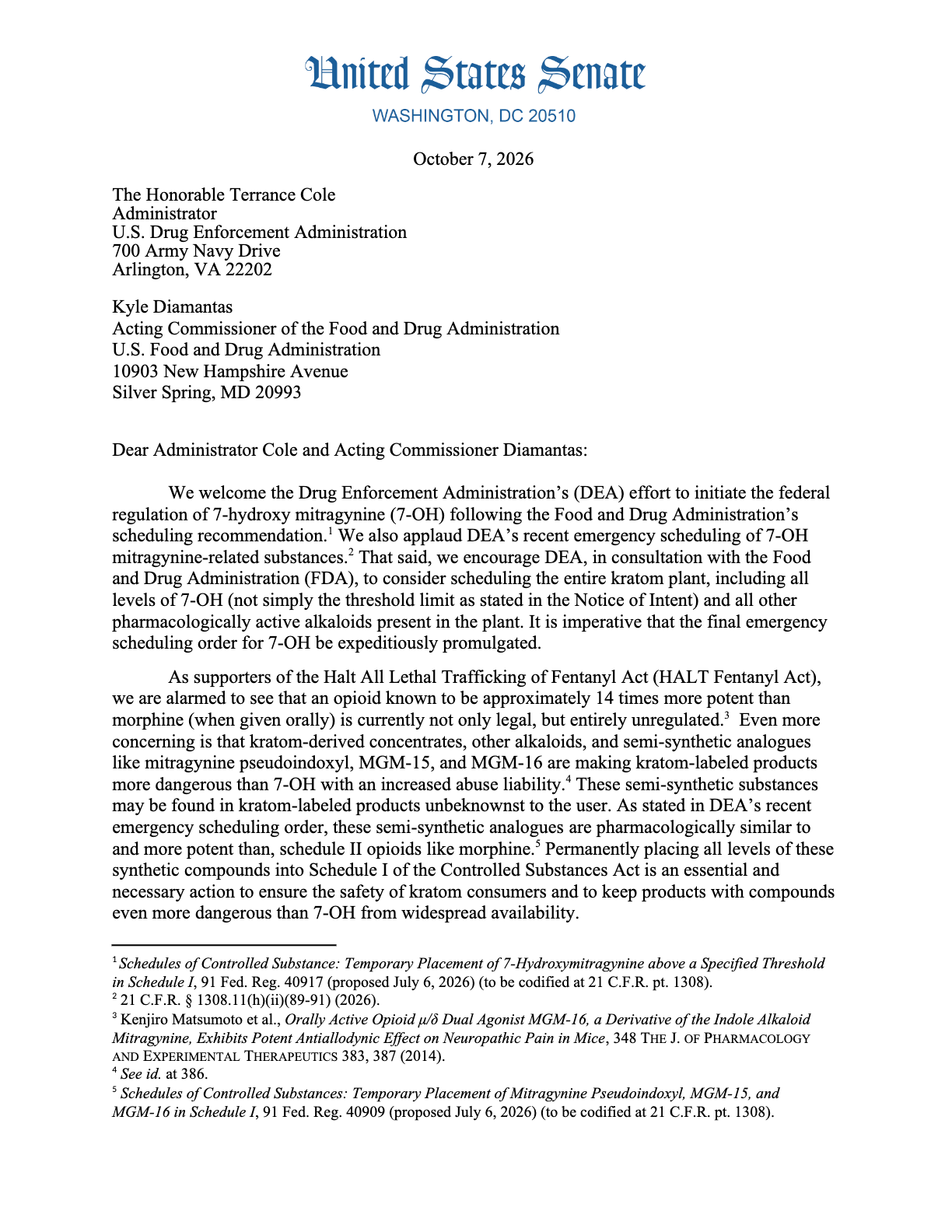 First page of the Oct. 7 letter from Sens. Grassley, Lee and Collins urging DEA and FDA to schedule the entire kratom plant