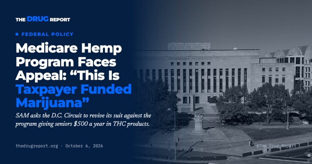 The E. Barrett Prettyman U.S. Courthouse in Washington, D.C., home of the D.C. Circuit, beside the headline "Medicare Hemp Program Faces Appeal: This Is Taxpayer Funded Marijuana"